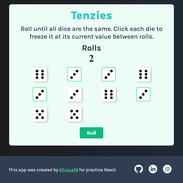 Screenshot of the tenzies game project